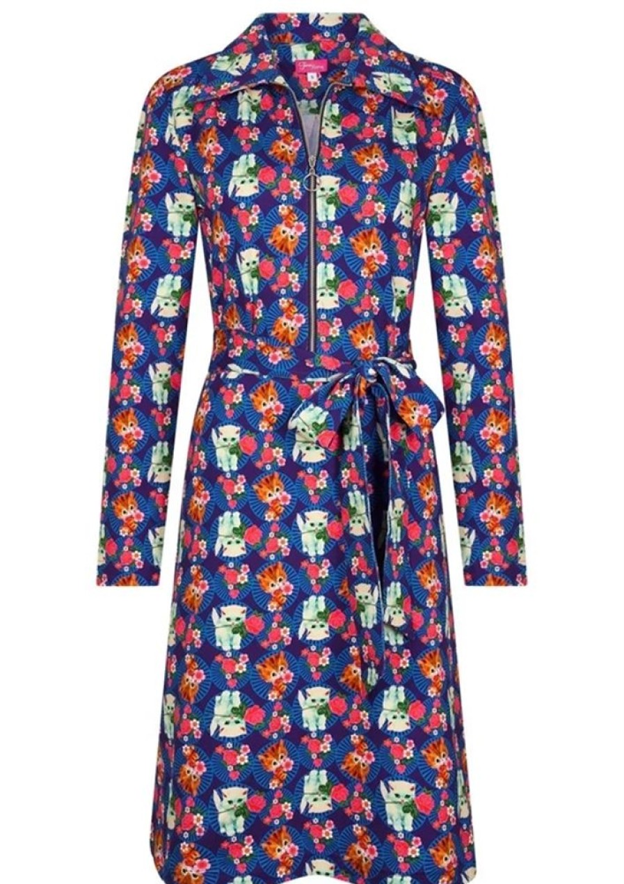 Baeredygtighed Tante Betsy | Tante Betsy Kjole Dress Betsy Zip Kitty Cat Blue